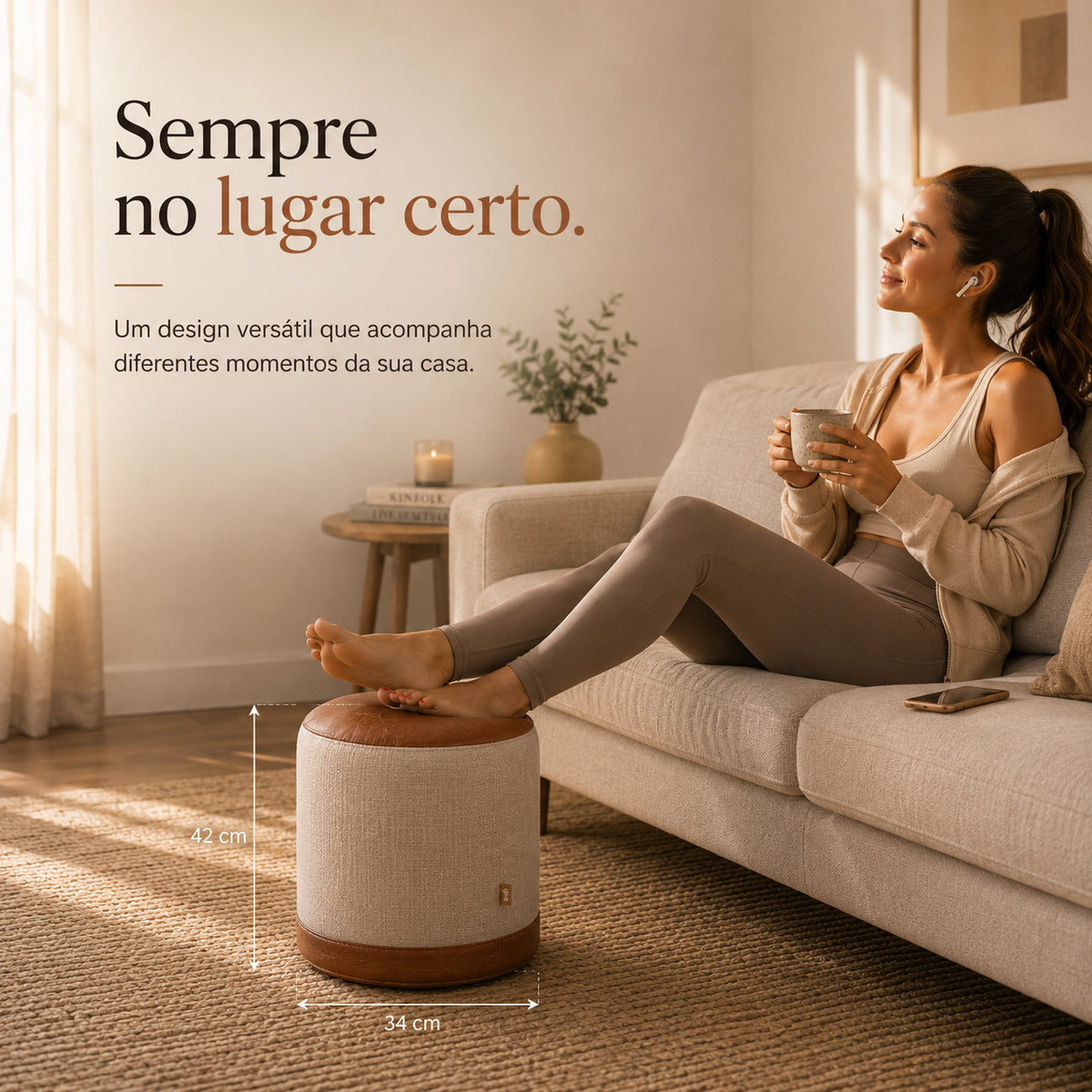 Puff banqueta minimalista em linho Dekorae, assento decorativo para sala de estar