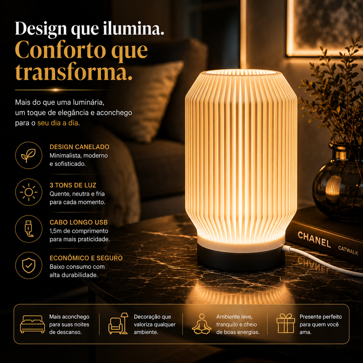 Luminária Abajur LED Canelada 3D Dekorae™