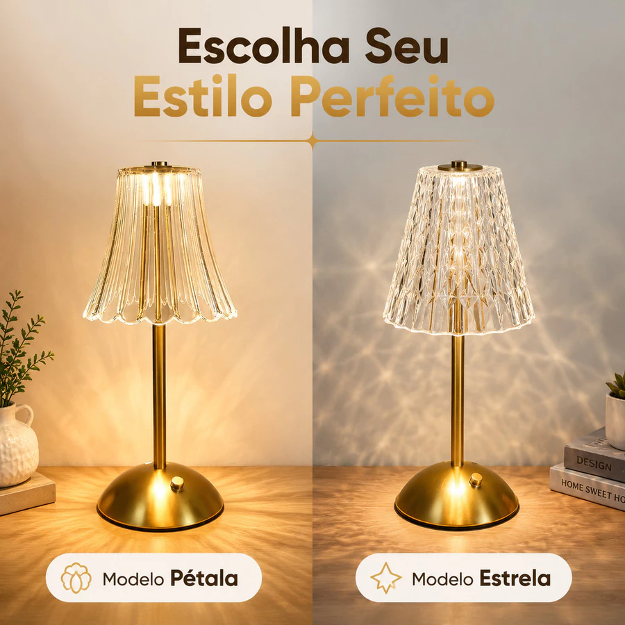 Luminária de Mesa LED Abajur Cristal Touch Recarregável 3 Cores Sem Fio Candeeiro
