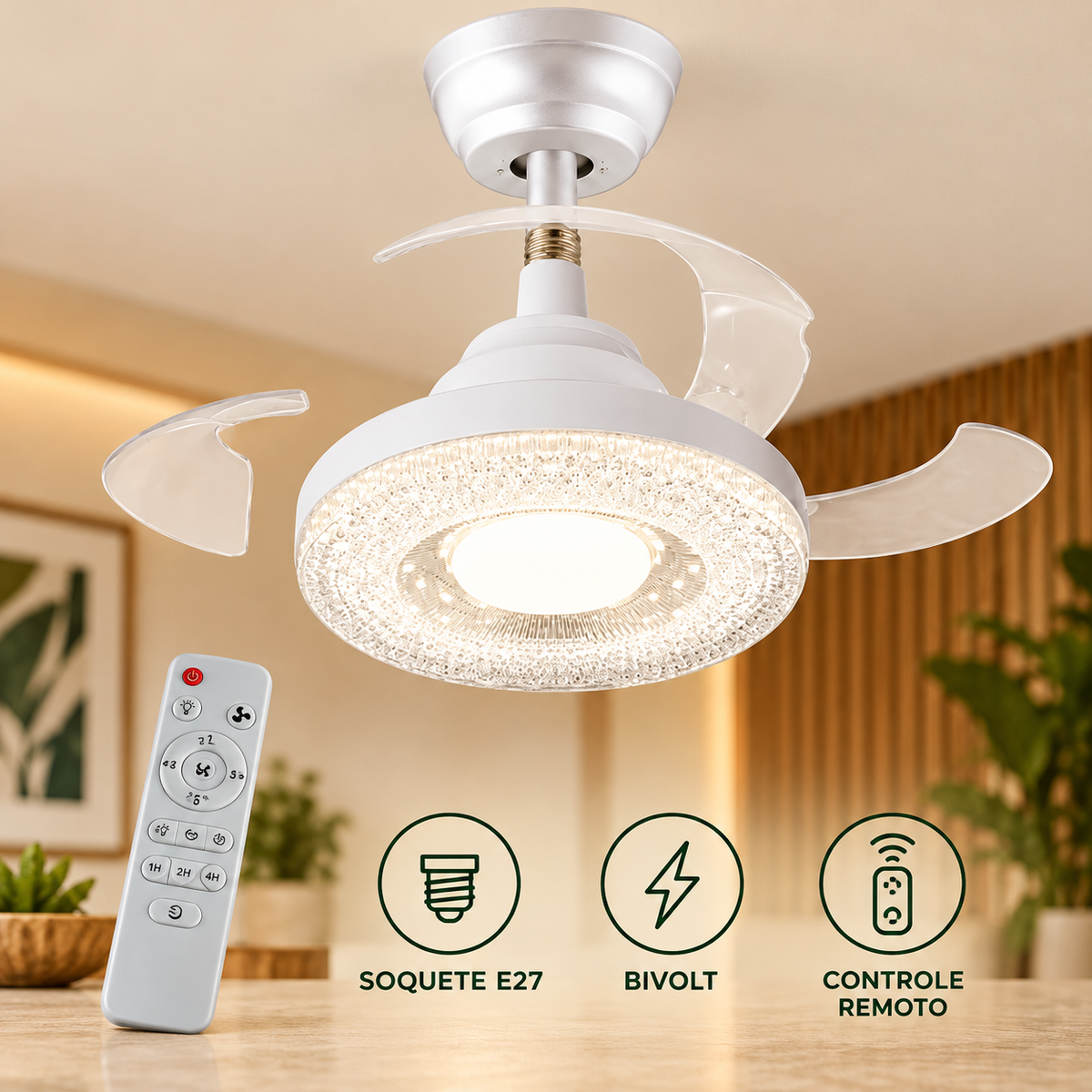Ventilador Lâmpada De Teto LED Silencioso C/ Controle Remoto 3 Hélices Bivolt E27 120W