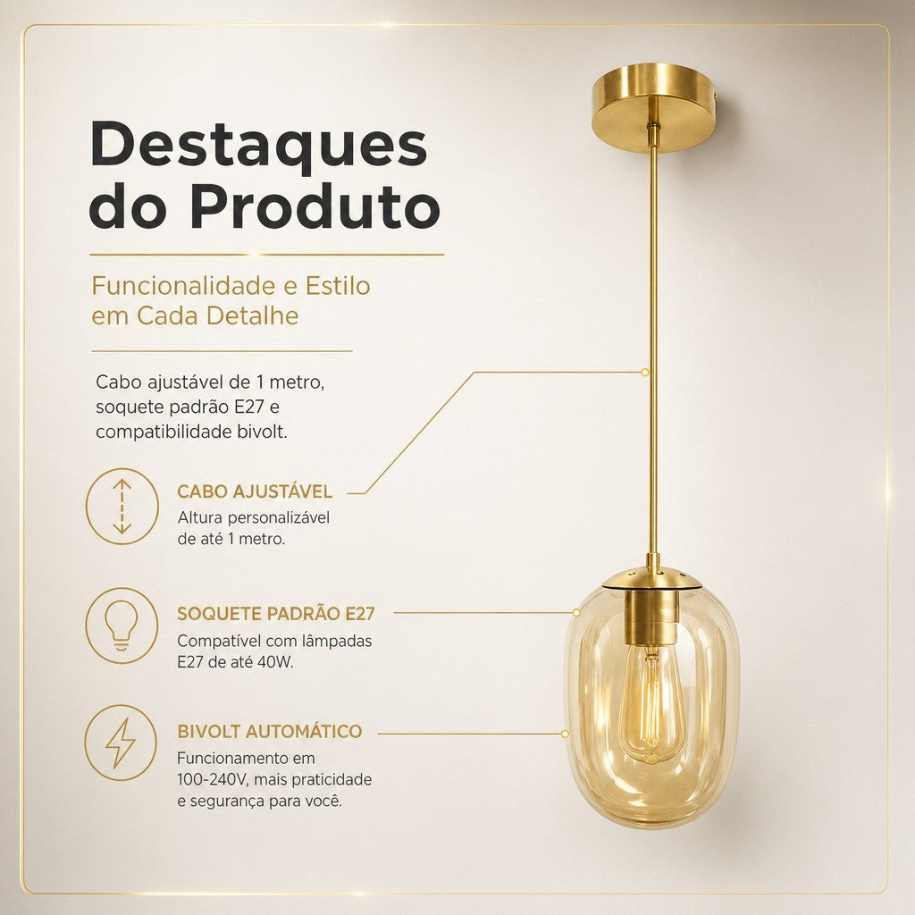 Lustre Pendente De Teto Vidro Champanhe Moderno E27