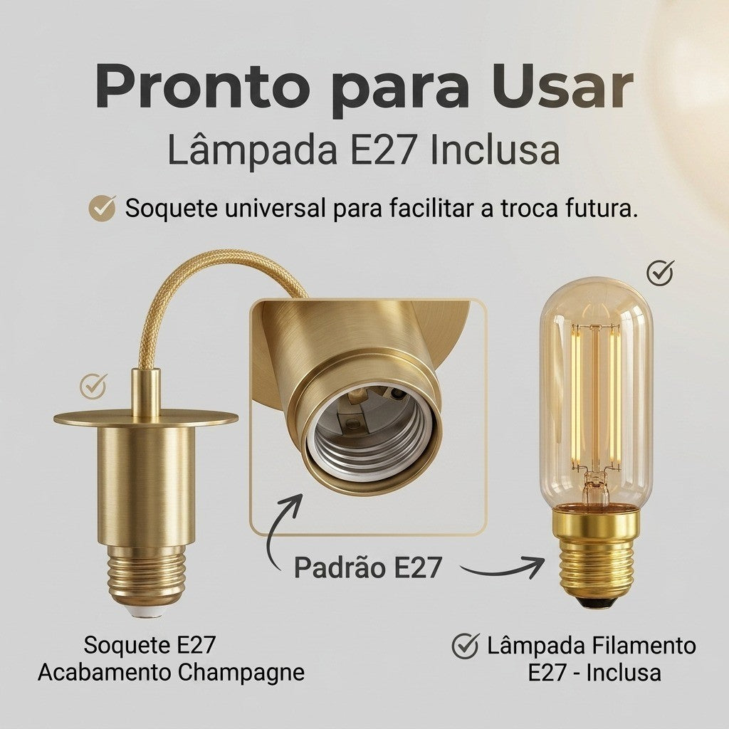Lustre Pendente Teto Globo Vidro Dourado E27 Com Lâmpada
