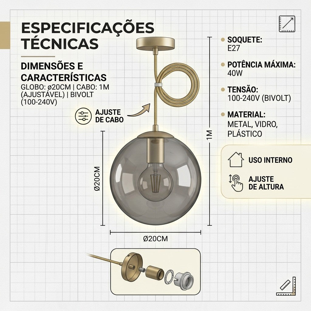 Lustre Pendente Teto Globo Vidro Dourado E27 Com Lâmpada
