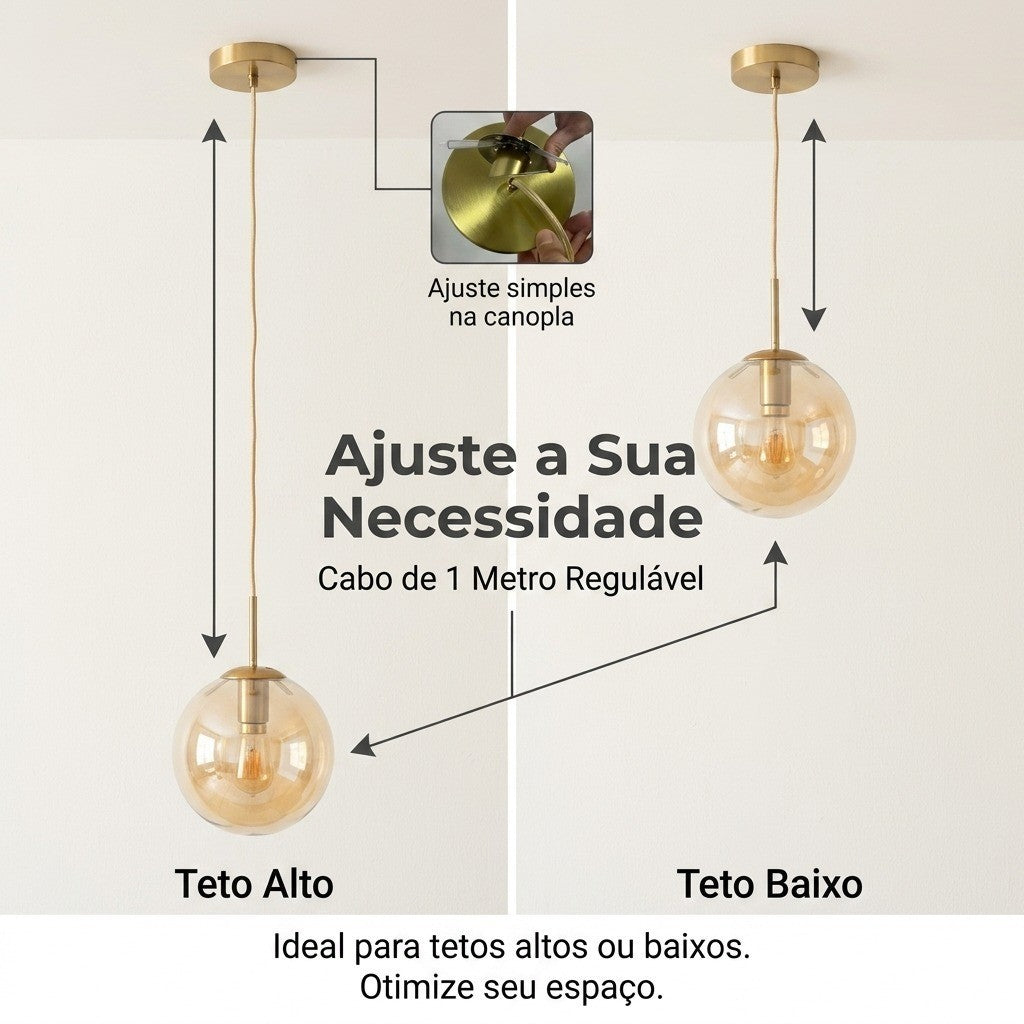 Lustre Pendente Teto Globo Vidro Dourado E27 Com Lâmpada