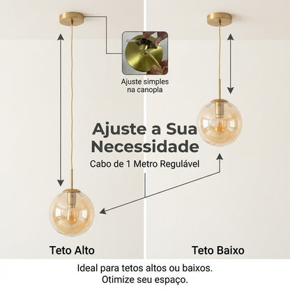 Lustre Pendente Teto Globo Vidro Dourado E27 Com Lâmpada