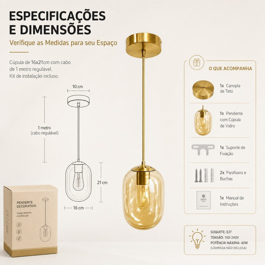 Lustre Pendente De Teto Vidro Champanhe Moderno E27
