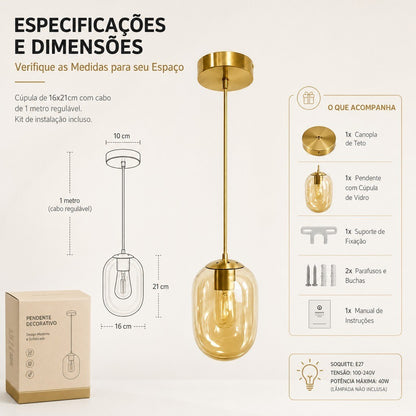 Lustre Pendente De Teto Vidro Champanhe Moderno E27