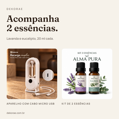 Aparelho com cabo micro USB ao lado do kit de duas essências, lavanda e eucalipto, que acompanham o produto