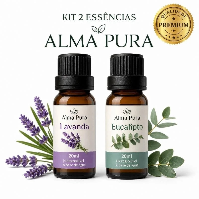 Kit com 2 essências de 20 ml, lavanda e eucalipto, que acompanham o aromatizador