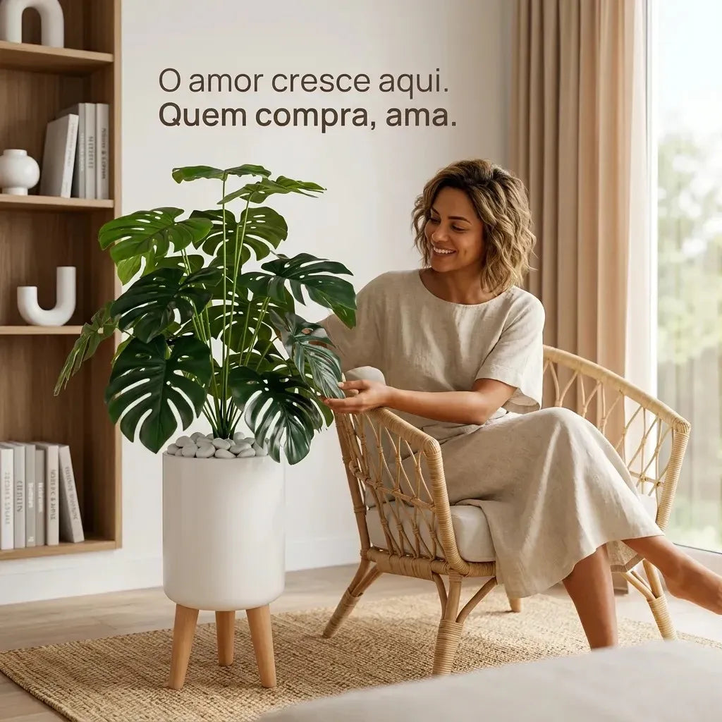 Conjunto Planta Artificial Costela de Adão 1m com Vaso e Pés de Madeira