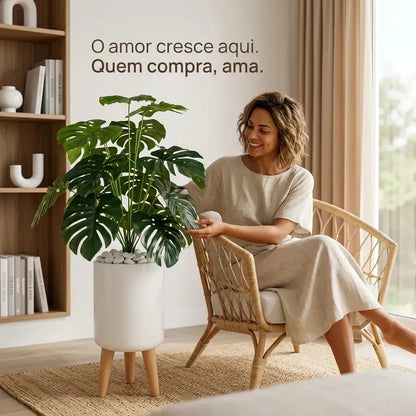 Conjunto Planta Artificial Costela de Adão 1m com Vaso e Pés de Madeira