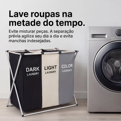 Cesto de roupa dobrável grande 3 compartimentos Dekorae, organizador separador para lavanderia