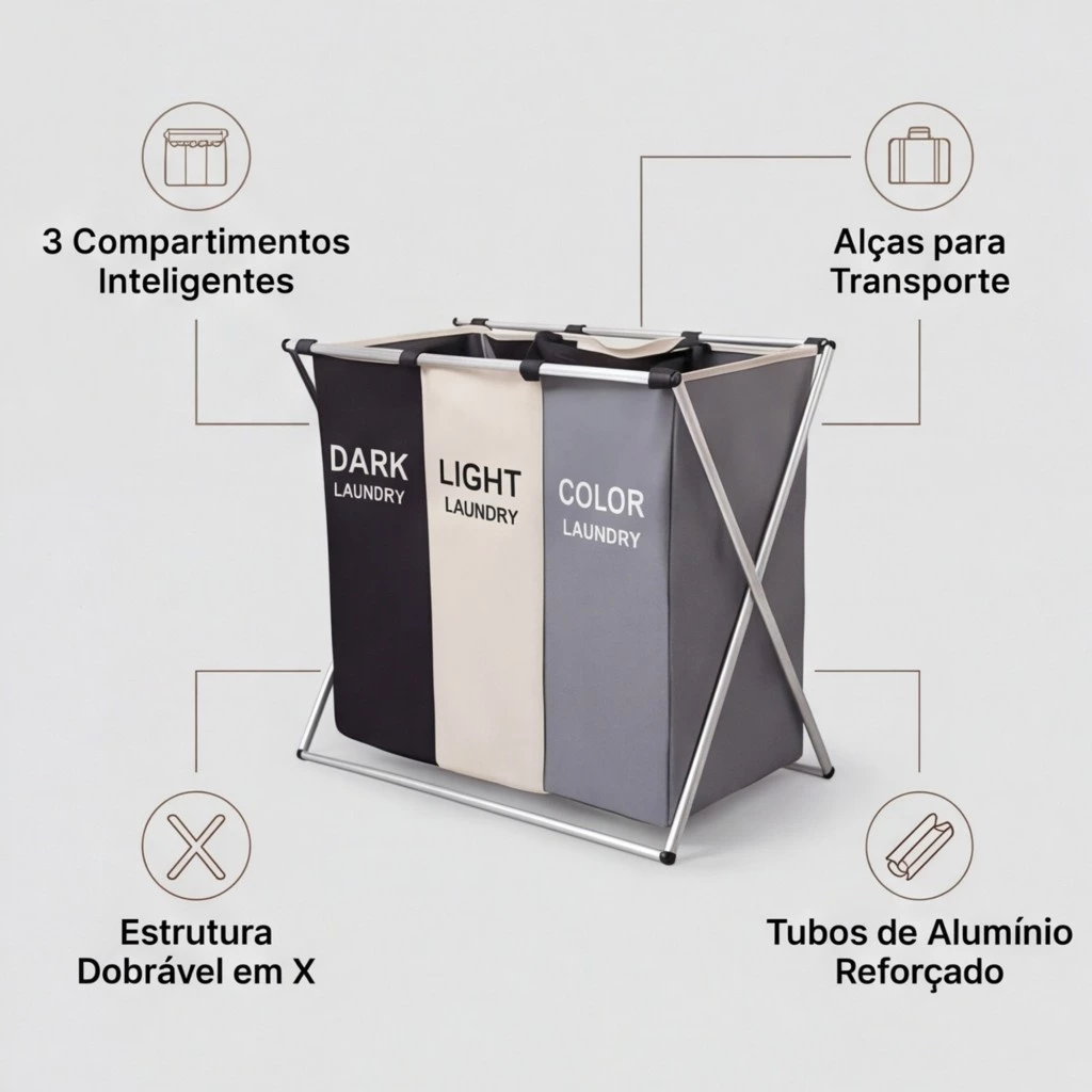 Cesto de roupa dobrável grande 3 compartimentos Dekorae, organizador separador para lavanderia
