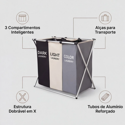 Cesto de roupa dobrável grande 3 compartimentos Dekorae, organizador separador para lavanderia