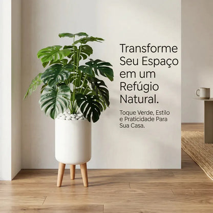 Conjunto Planta Artificial Costela de Adão 1m com Vaso e Pés de Madeira