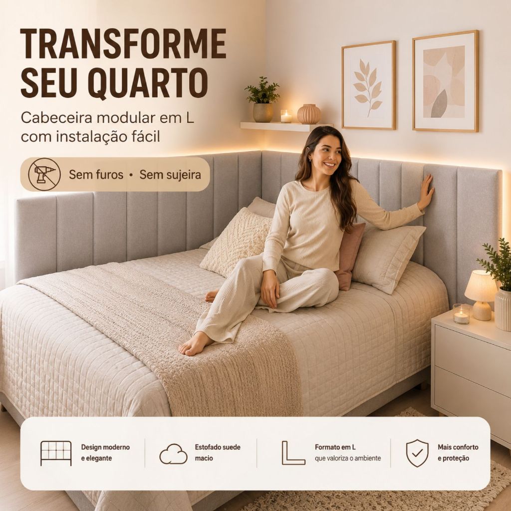 Conjunto Cabeceiras Estofada Cama Box Casal Moderna Luxo Modulada Sem Furo Autocolante 40cmx19cm