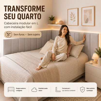 Conjunto Cabeceiras Estofada Cama Box Casal Moderna Luxo Modulada Sem Furo Autocolante 40cmx19cm