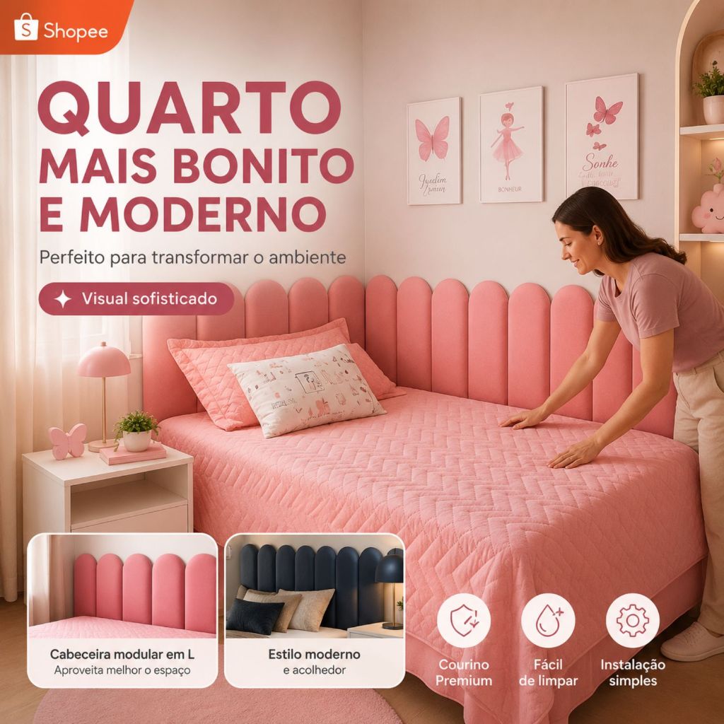 Conjunto Cabeceiras Estofada Cama Box Casal Moderna Luxo Modulada Sem Furo Autocolante 40cmx19cm