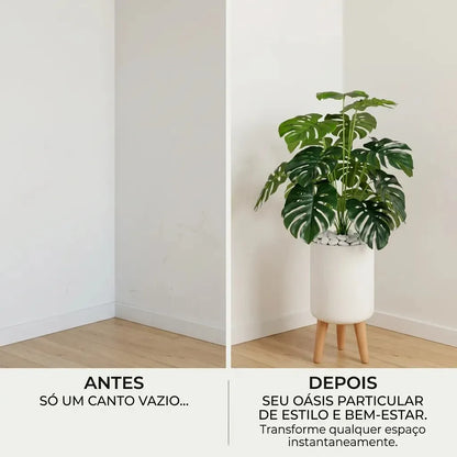 Conjunto Planta Artificial Costela de Adão 1m com Vaso e Pés de Madeira