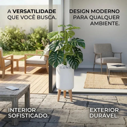 Conjunto Planta Artificial Costela de Adão 1m com Vaso e Pés de Madeira