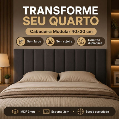 Conjunto Cabeceiras Estofada Cama Box Casal Moderna Luxo Modulada Sem Furo Autocolante 40cmx19cm