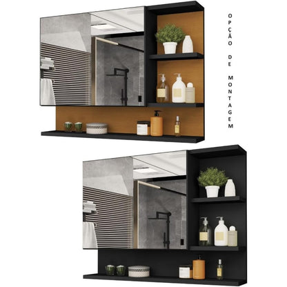 Espelheira Armário de Banheiro com Portas e Nichos Preto