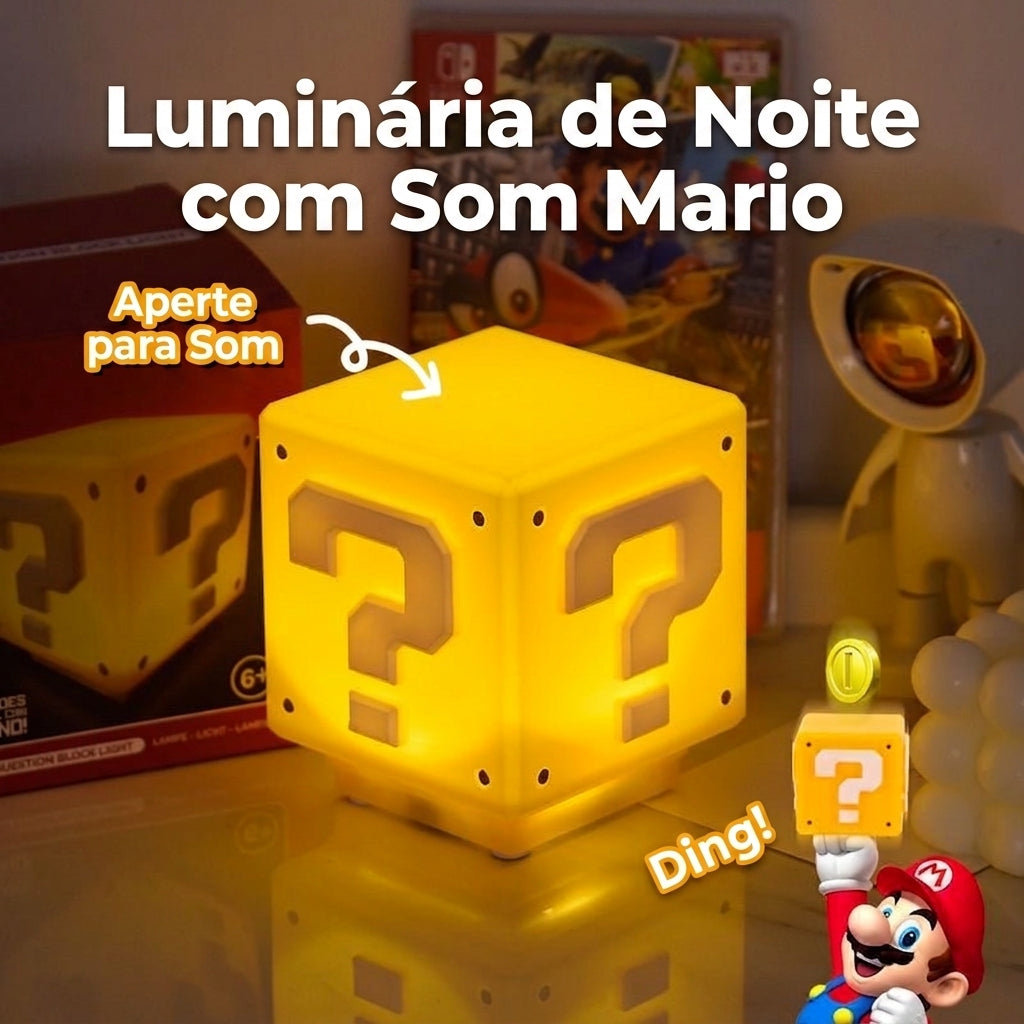 Luminária Cubo Interativo Super Mario De Bloco Musical Com Som Abajur Mesa Cabeceira