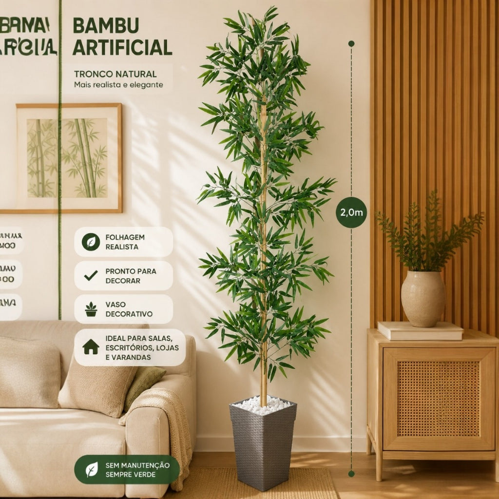 Planta Artificial Bambu Mossô para Decoração de Sala e Interiores Alta 2m com Vaso Decorativo Incluso