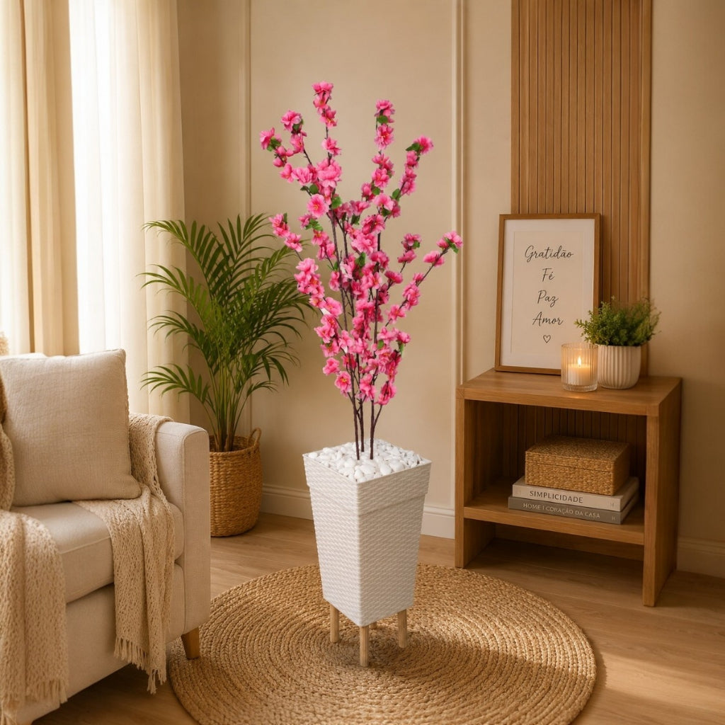 Planta Artificial Cerejeira Rosa Bebe Com Vaso Grande + Suporte Decorativo Decoração Enfeite Sala Casa