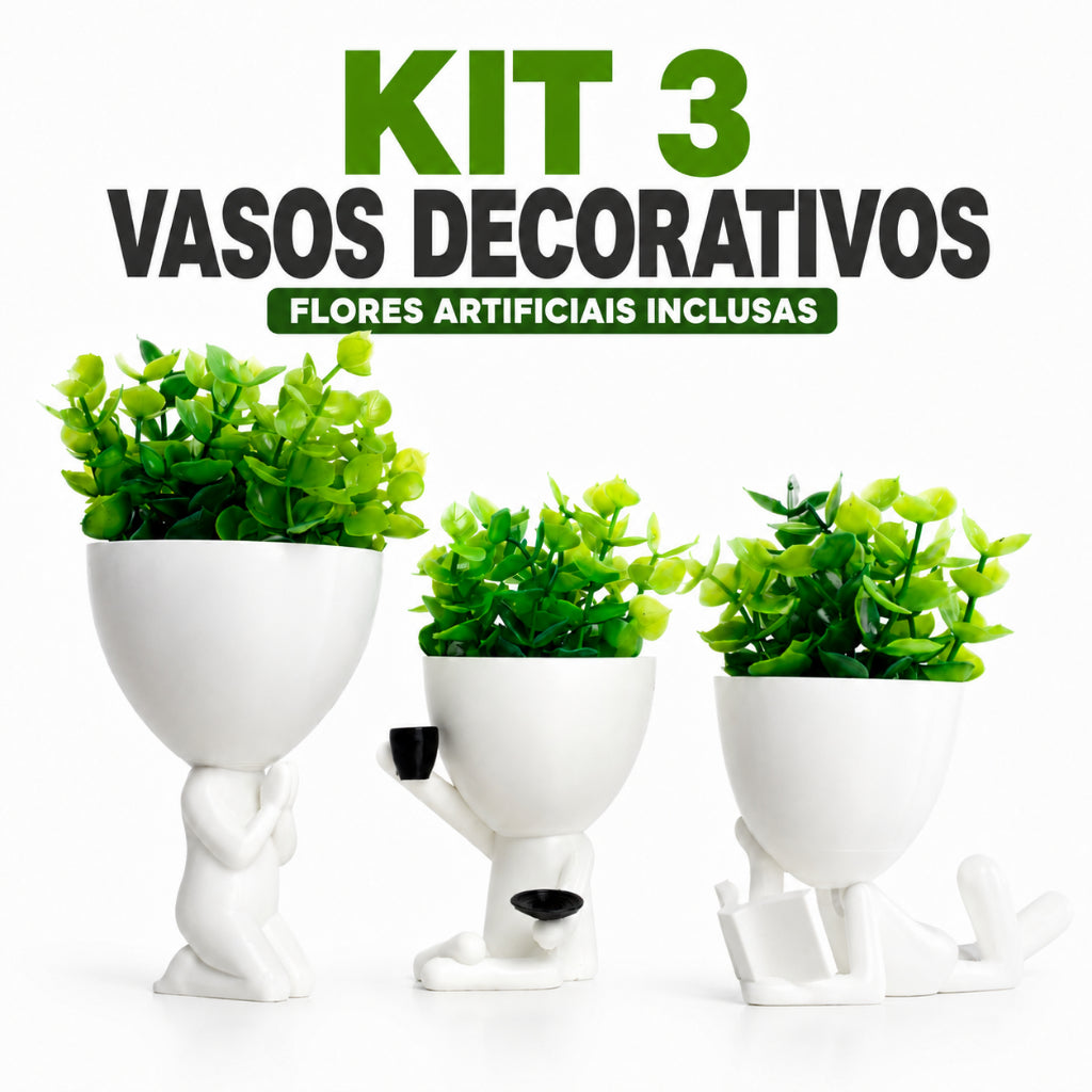 Kit 3 Mini vasos Alpinistas com flor planta artificial vasos cachepot decorativos para sala casa decorar enfeite
