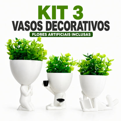 Kit 3 Mini vasos Alpinistas com flor planta artificial vasos cachepot decorativos para sala casa decorar enfeite