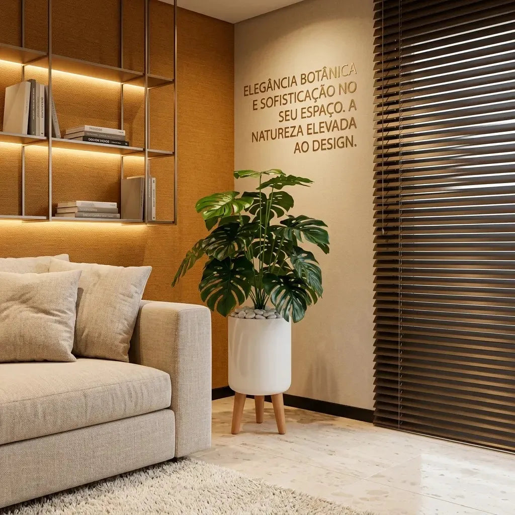 Conjunto Planta Artificial Costela de Adão 1m com Vaso e Pés de Madeira