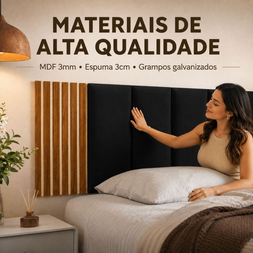 Conjunto Cabeceiras Estofada Cama Box Casal Moderna Luxo Modulada Sem Furo Autocolante 40cmx19cm