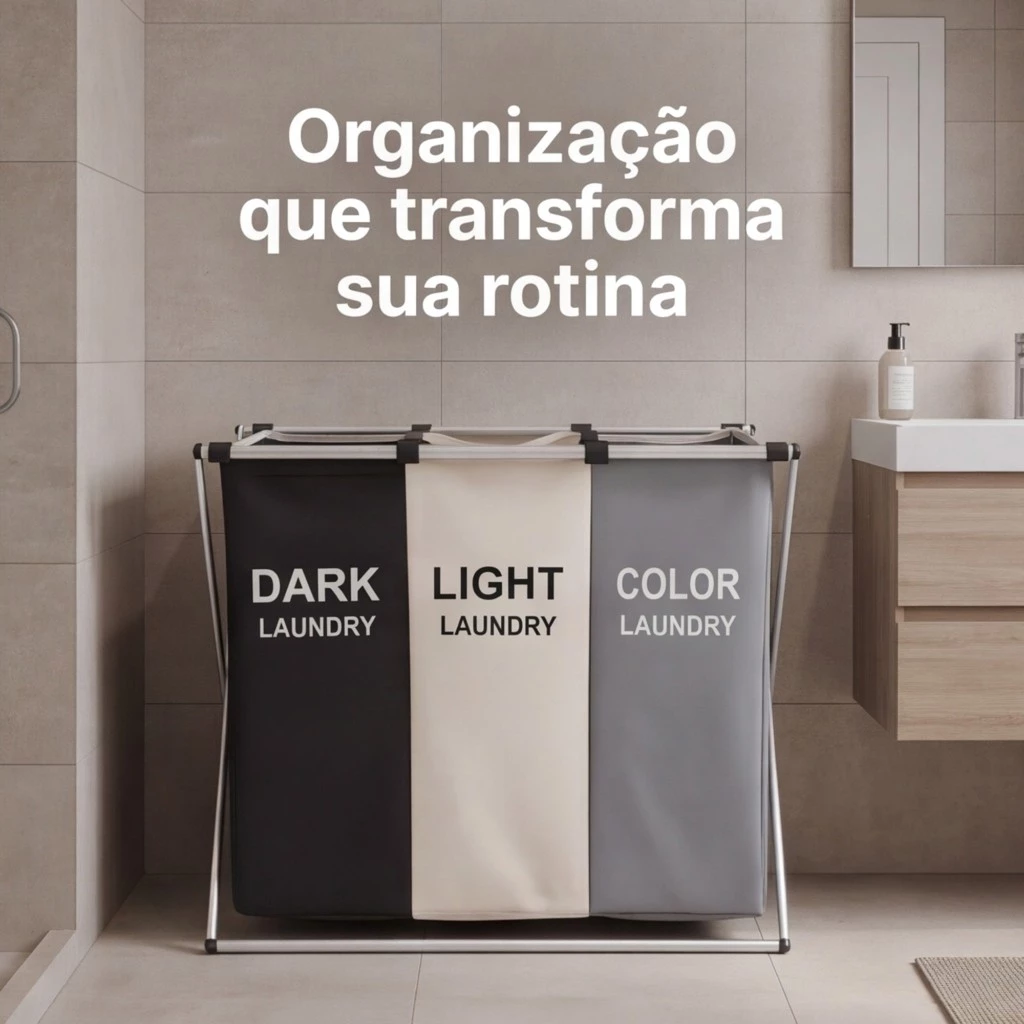 Cesto de roupa dobrável grande 3 compartimentos Dekorae, organizador separador para lavanderia