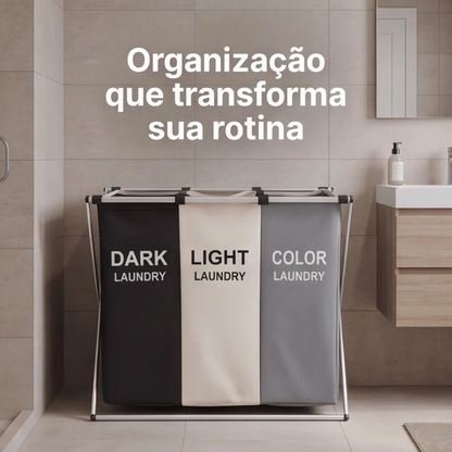 Cesto de roupa dobrável grande 3 compartimentos Dekorae, organizador separador para lavanderia