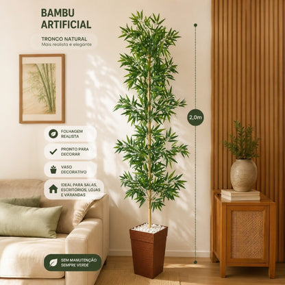 Planta Artificial Bambu Mossô para Decoração de Sala e Interiores Alta 2m com Vaso Decorativo Incluso