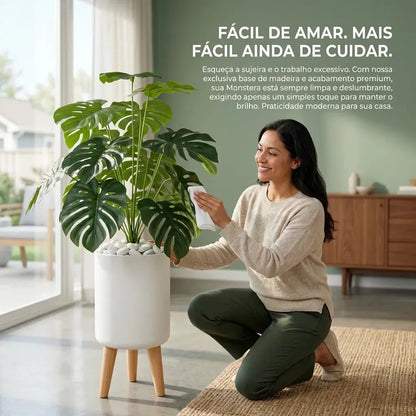 Conjunto Planta Artificial Costela de Adão 1m com Vaso e Pés de Madeira