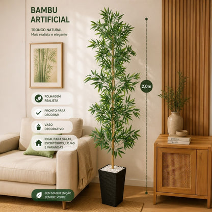 Planta Artificial Bambu Mossô para Decoração de Sala e Interiores Alta 2m com Vaso Decorativo Incluso
