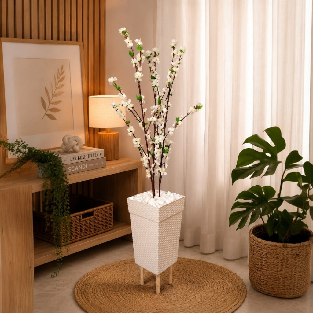 Planta Artificial Cerejeira Rosa Bebe Com Vaso Grande + Suporte Decorativo Decoração Enfeite Sala Casa
