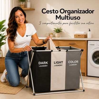 Cesto de roupa dobrável grande 3 compartimentos Dekorae, organizador separador para lavanderia