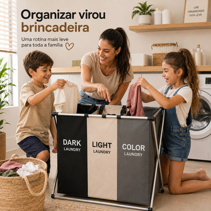 Cesto de roupa dobrável grande 3 compartimentos Dekorae, organizador separador para lavanderia