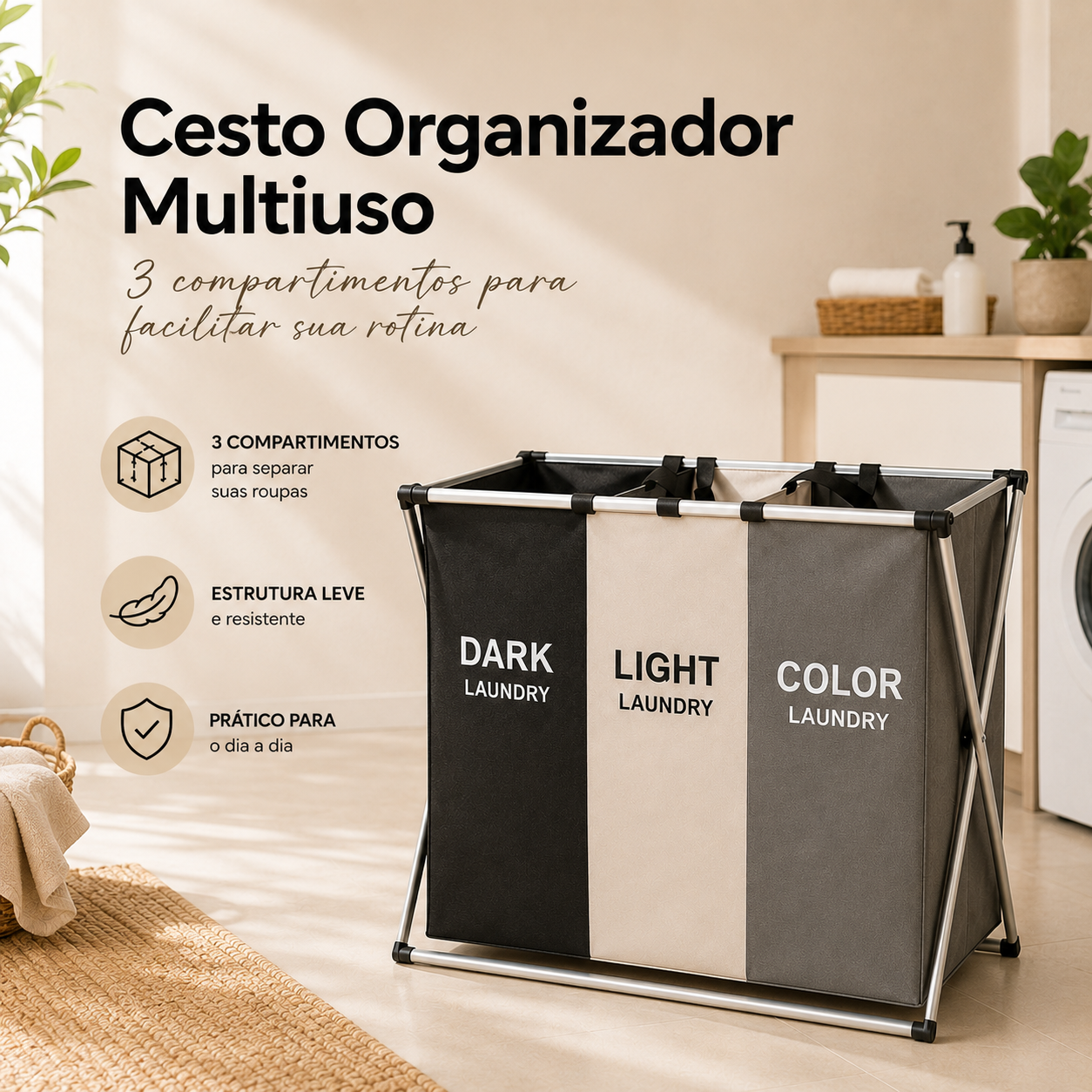 Cesto de roupa dobrável grande 3 compartimentos Dekorae, organizador separador para lavanderia