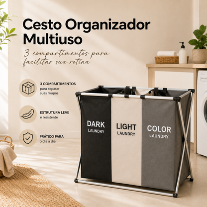 Cesto de roupa dobrável grande 3 compartimentos Dekorae, organizador separador para lavanderia