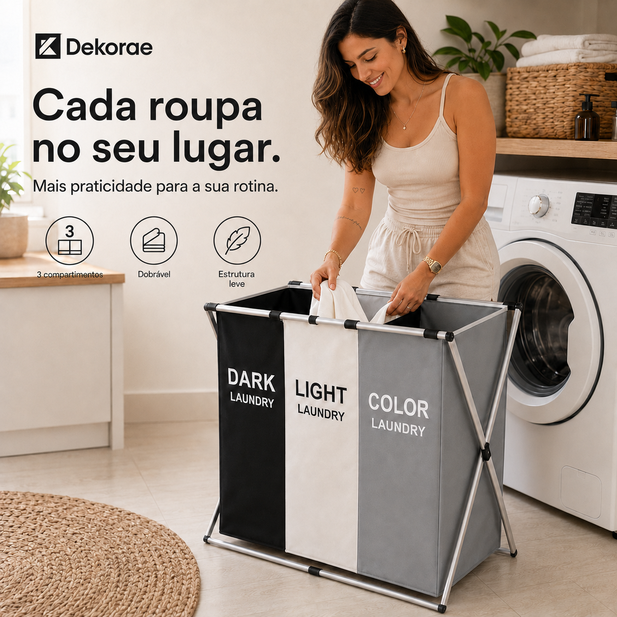 Cesto de roupa dobrável grande 3 compartimentos Dekorae, organizador separador para lavanderia