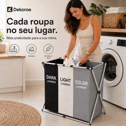 Cesto de roupa dobrável grande 3 compartimentos Dekorae, organizador separador para lavanderia