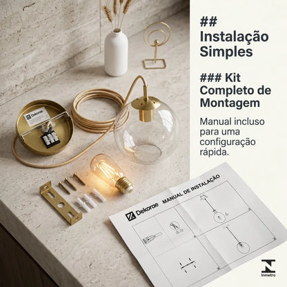 Lustre Pendente Teto Globo Vidro Dourado E27 Com Lâmpada