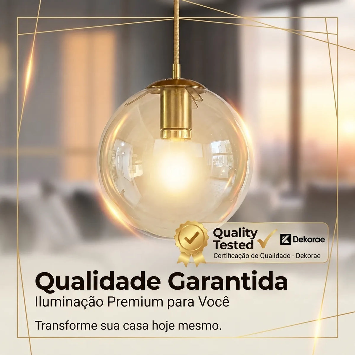 Lustre Pendente Teto Globo Vidro Dourado E27 Com Lâmpada