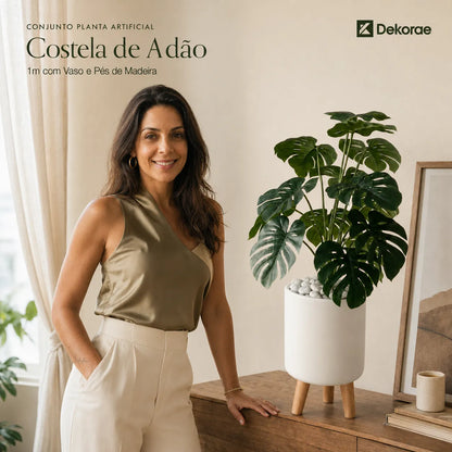 Conjunto Planta Artificial Costela de Adão 1m com Vaso e Pés de Madeira