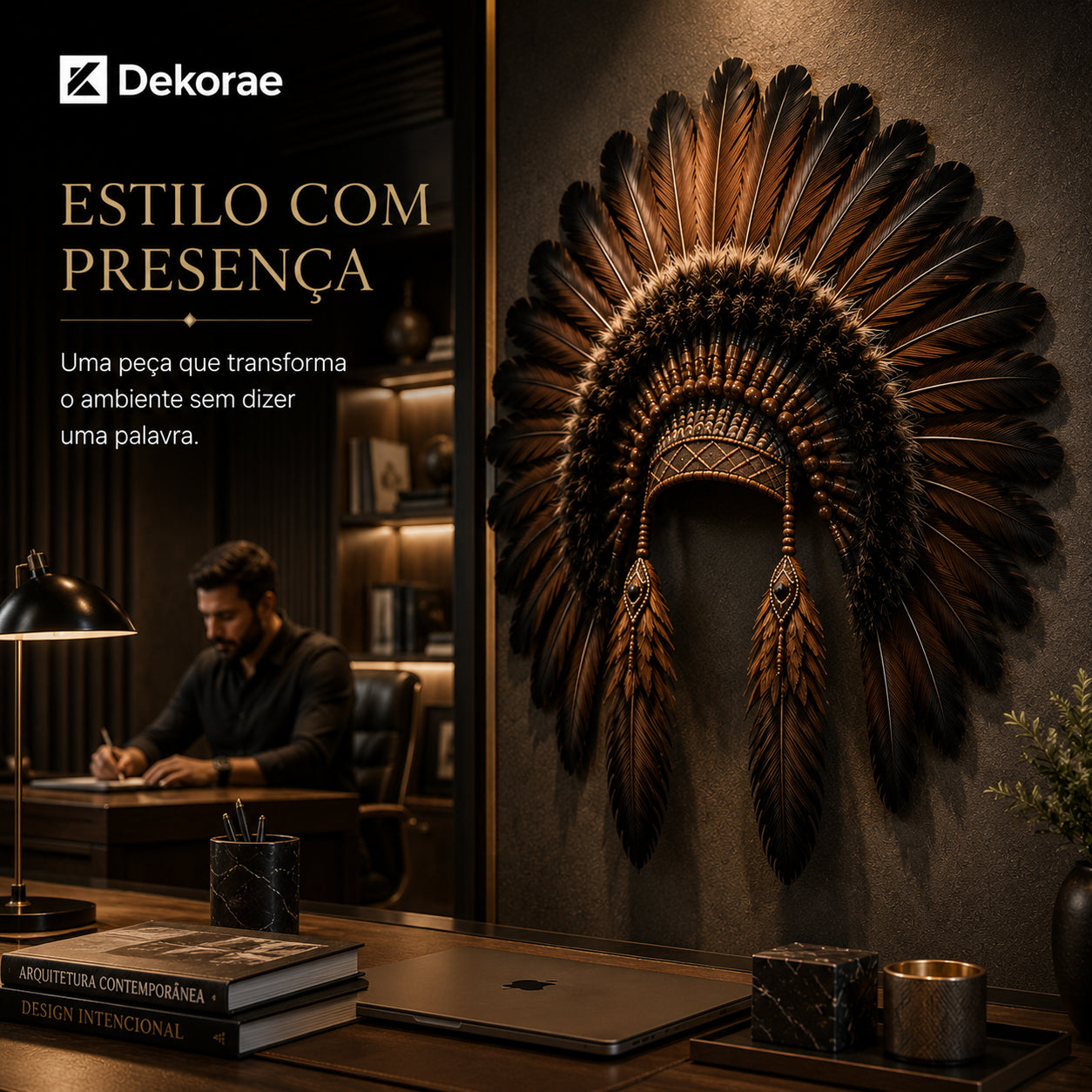 Cocar Ancestral Decorativo Artesanal Pena Natural Parede Luxo I Dekorae