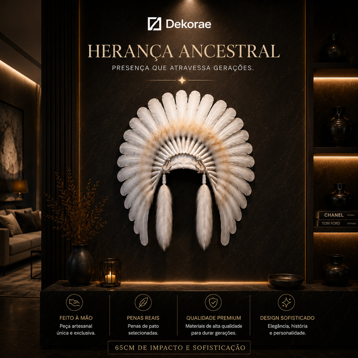 Cocar Ancestral Decorativo Artesanal Pena Natural Parede Luxo I Dekorae